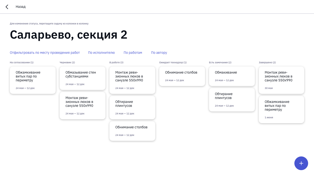 Привычная для разработчиков канбан-доска с задачами. Однако для строителей — это непонятная и бесполезная штука. Выдают наряды на этажи, также принимают. Стендапов со скрам-мастерами по утрам у строителей нет и карточки по одной там двигать некому. Чтобы отказаться от неё, ушло полгода.
